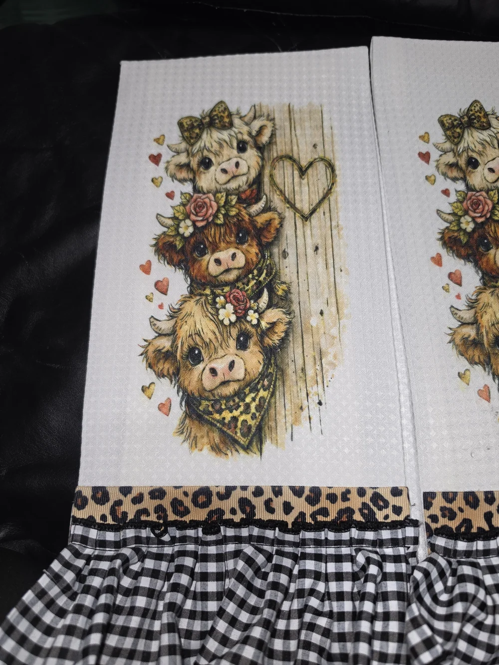 Farmhouse Trio Cow Waffle Weave Kitchen Towels with Black Gingham Ruffle